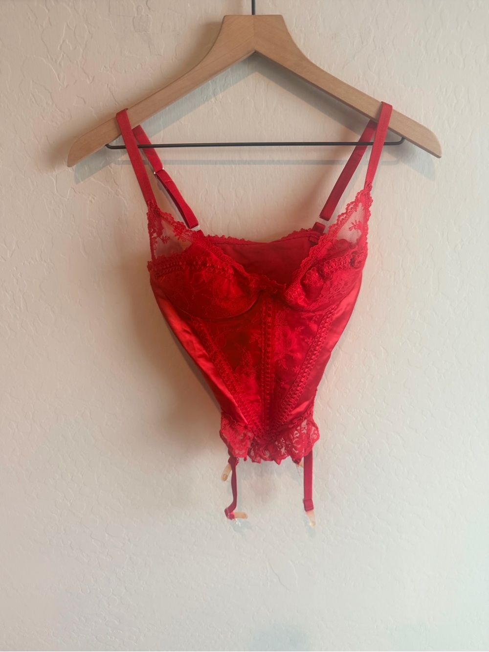 VTG Fredrick’s Of Hollywood Red Lace Satin Corset Teddy Lingerie Y2K Angelcore